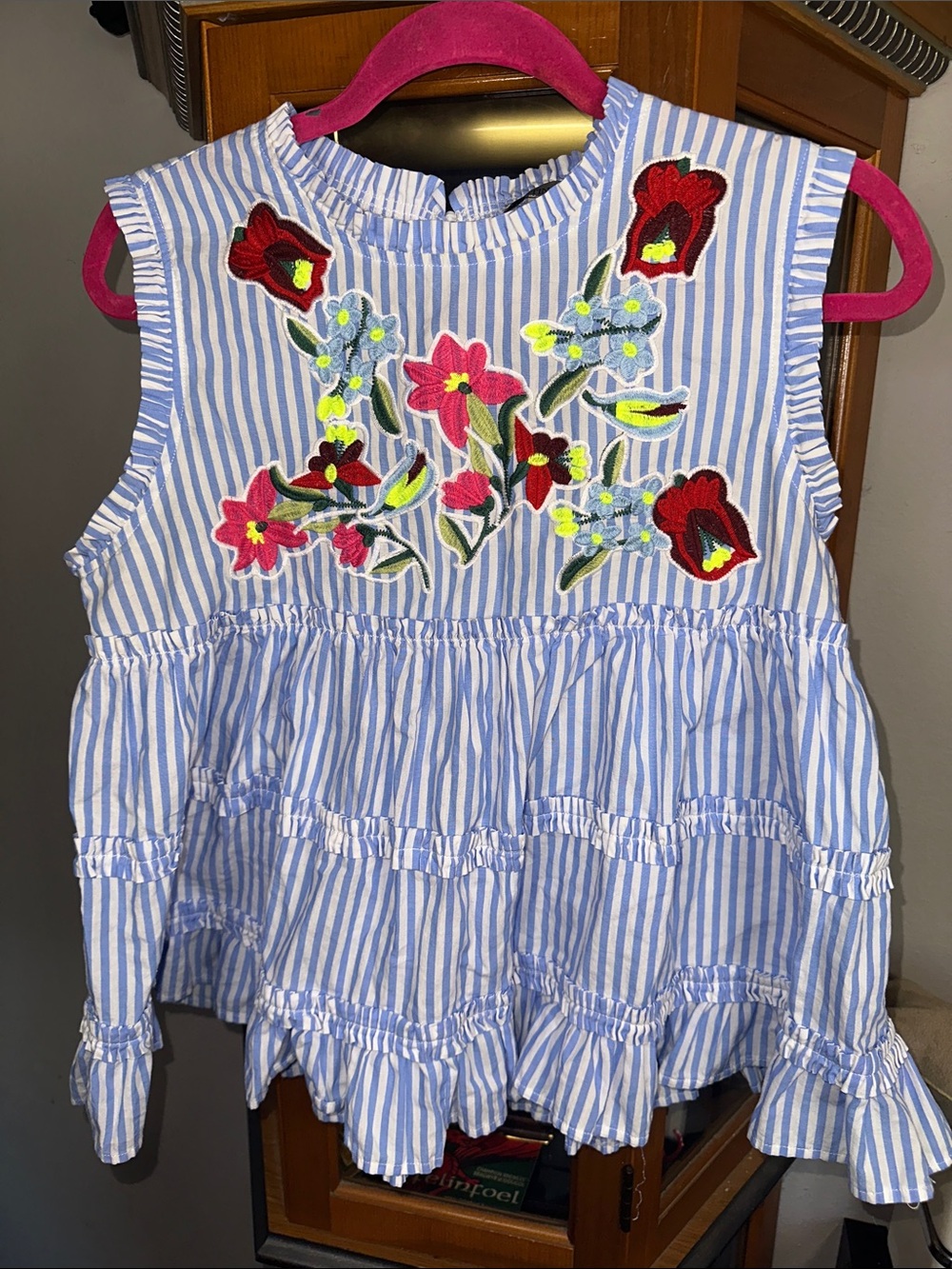 Blue & White Striped Floral-Embroidered Sleeveless Tank Top